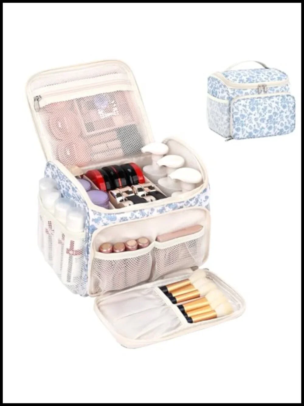 Large Vertical Makeup Bag with Brush Compartment, Quilted Toiletry Case with